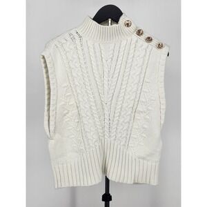 Talbots Womens Ivory Cable Knit Sweater Vest Gold Button Mock Neck Medium